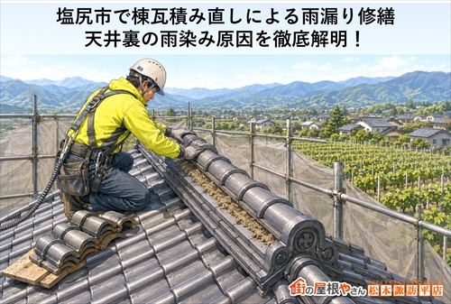 塩尻市｜天井の雨染みを調査して棟瓦を積み直し｜瓦屋根の雨漏り修繕