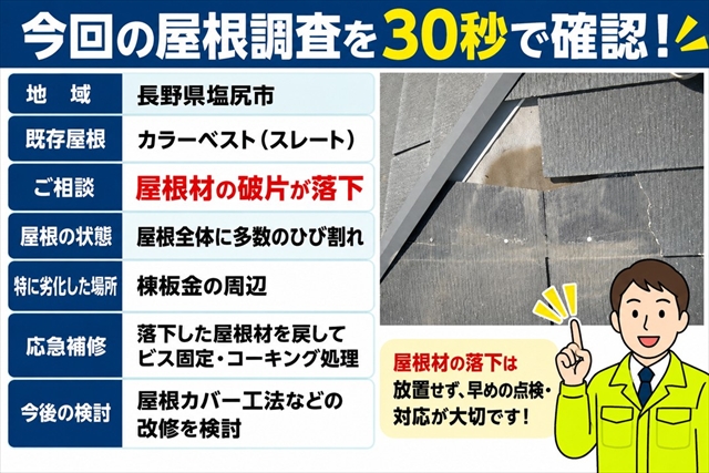 塩尻市｜カラーベスト屋根の破片が落下｜多数のひび割れを調査し応急補修1