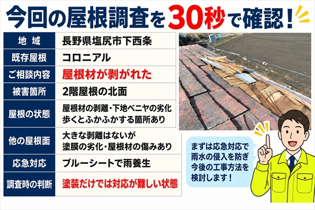 塩尻市｜強風でコロニアル屋根が大きく剥離｜下地ベニヤまで劣化した屋根を調査1