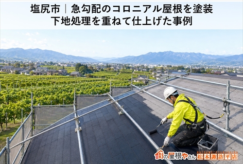 塩尻市｜急勾配のコロニアル屋根を塗装｜下地処理を重ねて仕上げた事例