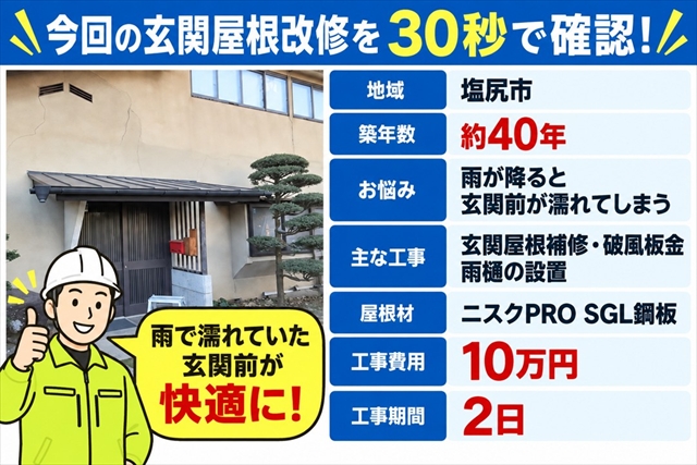 塩尻市｜玄関前が雨で濡れる悩みを解消｜屋根補修と雨樋を設置1
