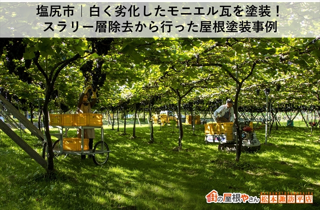 塩尻市｜白く劣化したモニエル瓦を塗装！スラリー層除去から行った屋根塗装事例