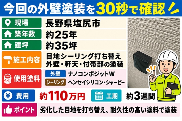 塩尻市｜築25年の窯業系サイディングを外壁塗装｜目地を打ち替えナノコンポジットWで施工1