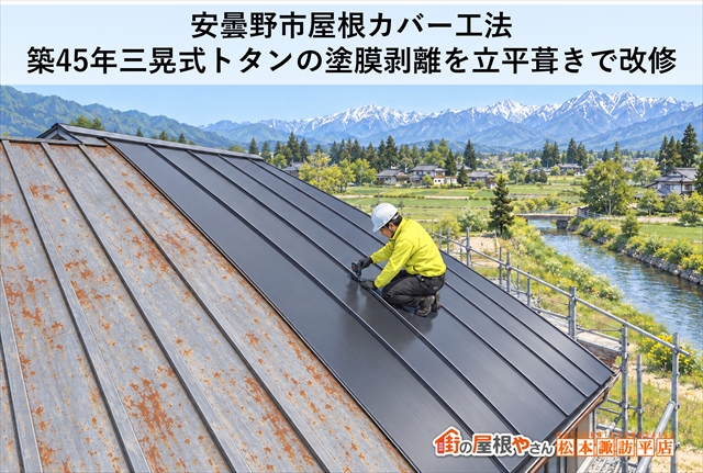 安曇野市屋根カバー工法｜築45年三晃式トタンの塗膜剥離を立平葺きで改修｜120万円