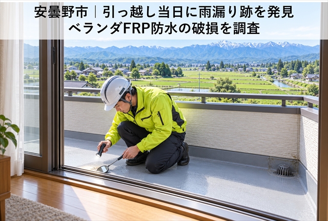 安曇野市｜引っ越し当日に雨漏り跡を発見｜ベランダFRP防水の破損を調査