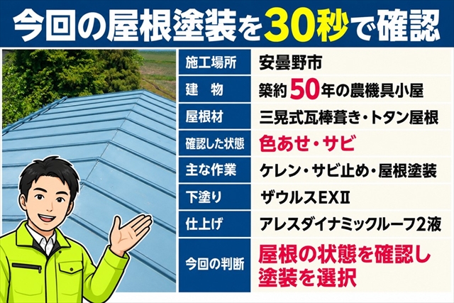 安曇野市｜築50年の農機具小屋を屋根塗装｜サビたトタンを2液型シリコンで保護1