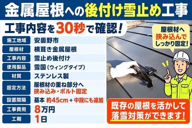 安曇野市｜金属屋根に雪止めを後付け｜ステンレス製「雪国」を設置1