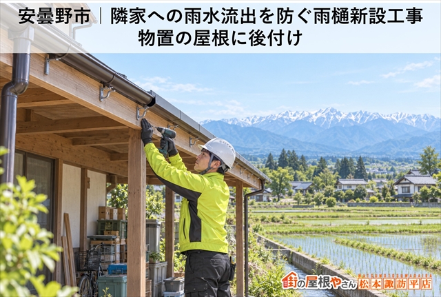 安曇野市｜隣家への雨水流出を防ぐ雨樋新設工事｜物置の屋根に後付け