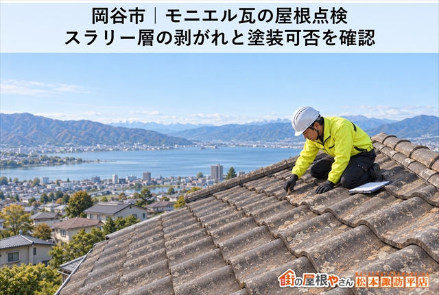 岡谷市｜モニエル瓦の屋根点検｜スラリー層の剥がれと塗装可否を確認