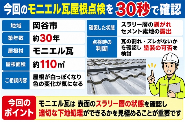 岡谷市｜モニエル瓦の屋根点検｜スラリー層の剥がれと塗装可否を確認1