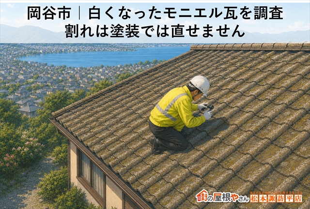 岡谷市｜白くなったモニエル瓦を調査　割れは塗装では直せません