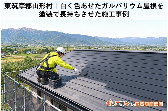 東筑摩郡山形村｜白く色あせたガルバリウム鋼板屋根を塗装で長持ちさせた施工事例