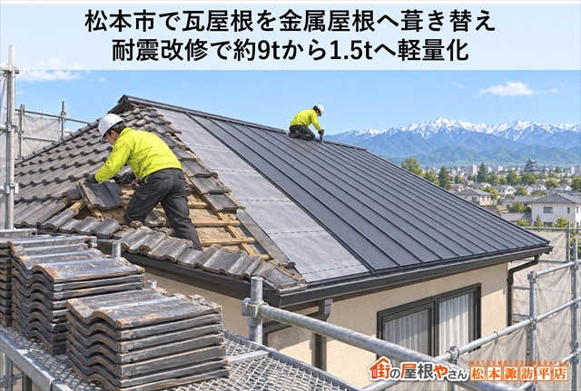 松本市で瓦屋根を金属屋根へ葺き替え｜耐震改修で約9tから1.5tへ軽量化