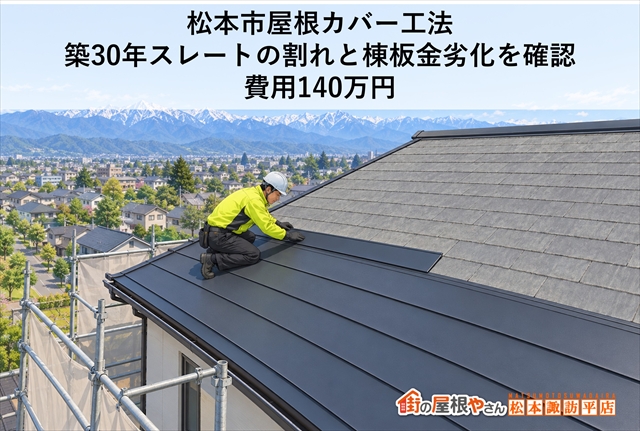 松本市屋根カバー工法｜築30年スレートの割れと棟板金劣化を確認｜費用140万円