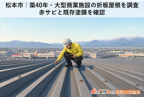 松本市｜築40年・大型商業施設の折板屋根を調査｜赤サビと既存塗膜を確認