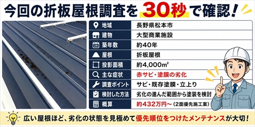 松本市｜築40年・大型商業施設の折板屋根を調査｜赤サビと既存塗膜を確認1