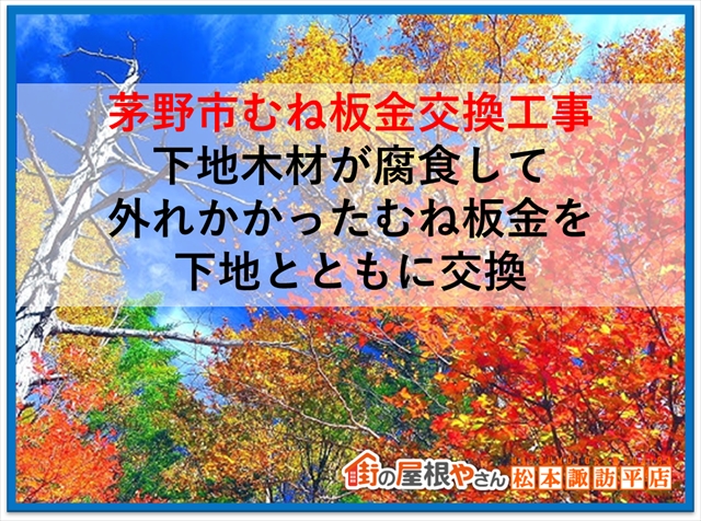 茅野市むね板金交換工事：下地木材が腐食して外れかかっていた棟板金を下地とともに交換