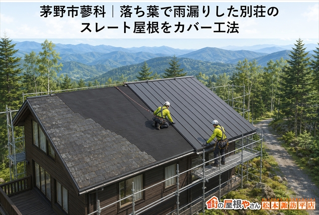 茅野市蓼科｜落ち葉で雨漏りした別荘のスレート屋根をカバー工法