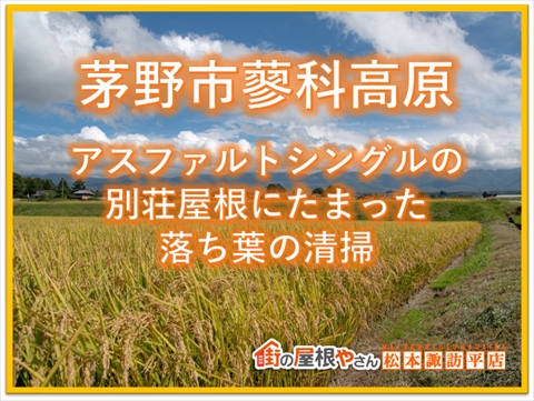 茅野市蓼科高原：アスファルトシングルの別荘屋根にたまった落ち葉の清掃