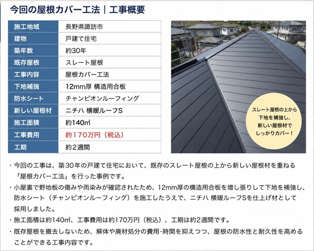 諏訪市｜築30年のスレート屋根を横暖ルーフSでカバー工法1