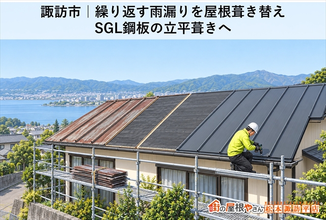 諏訪市｜繰り返す雨漏りを屋根葺き替え｜SGL鋼板の立平葺きへ