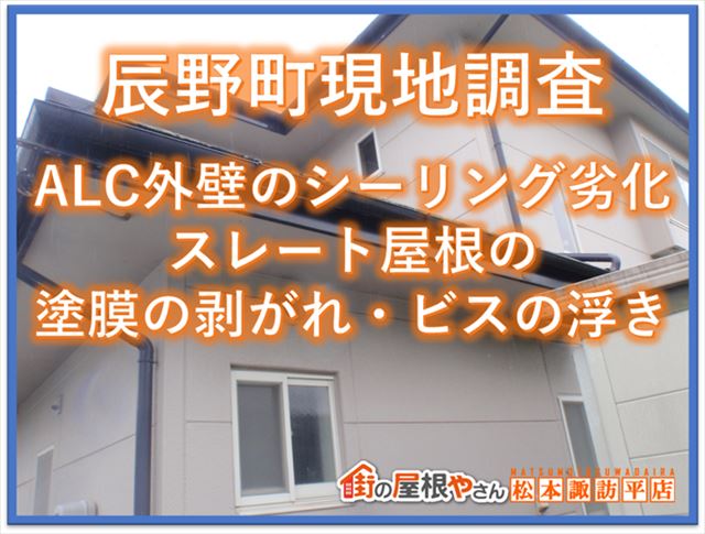 辰野町現地調査｜ＡＬＣ外壁のシーリングの劣化｜スレート屋根の塗膜の剥がれビスの浮き