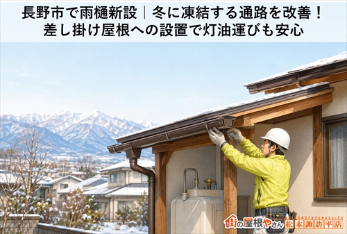 長野市で雨樋新設｜冬に凍結する通路を改善！差し掛け屋根への設置で灯油運びも安心