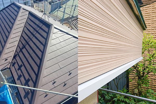 ブラウン色に輝く屋根材や、流線模様のスタイリッシュな外壁材のガルバリウム鋼板